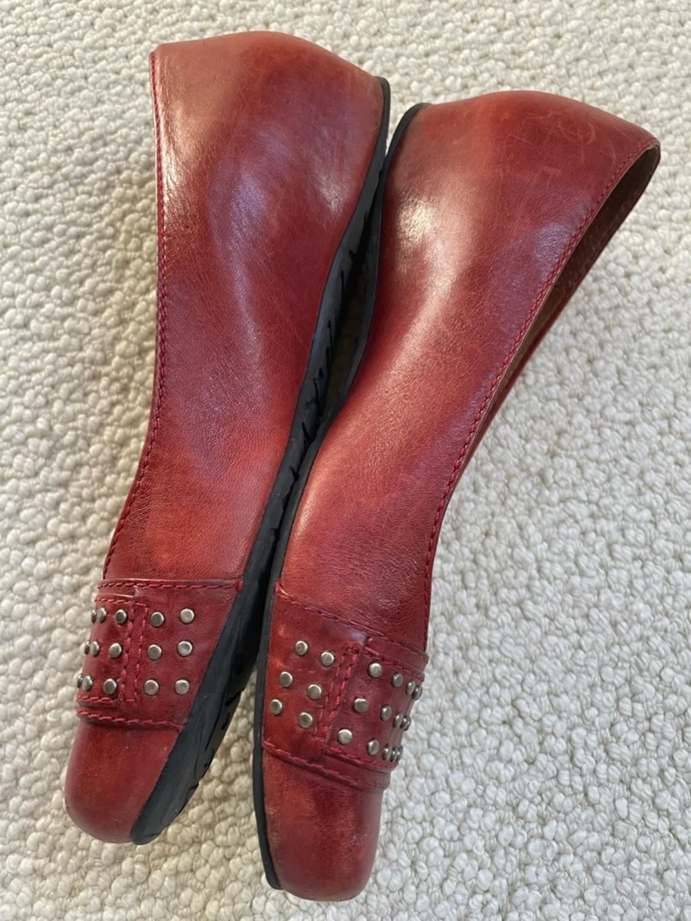 Nurture Red Leather Flats | Studded Strap Comfort Wedge Shoes - Picture 2 of 5